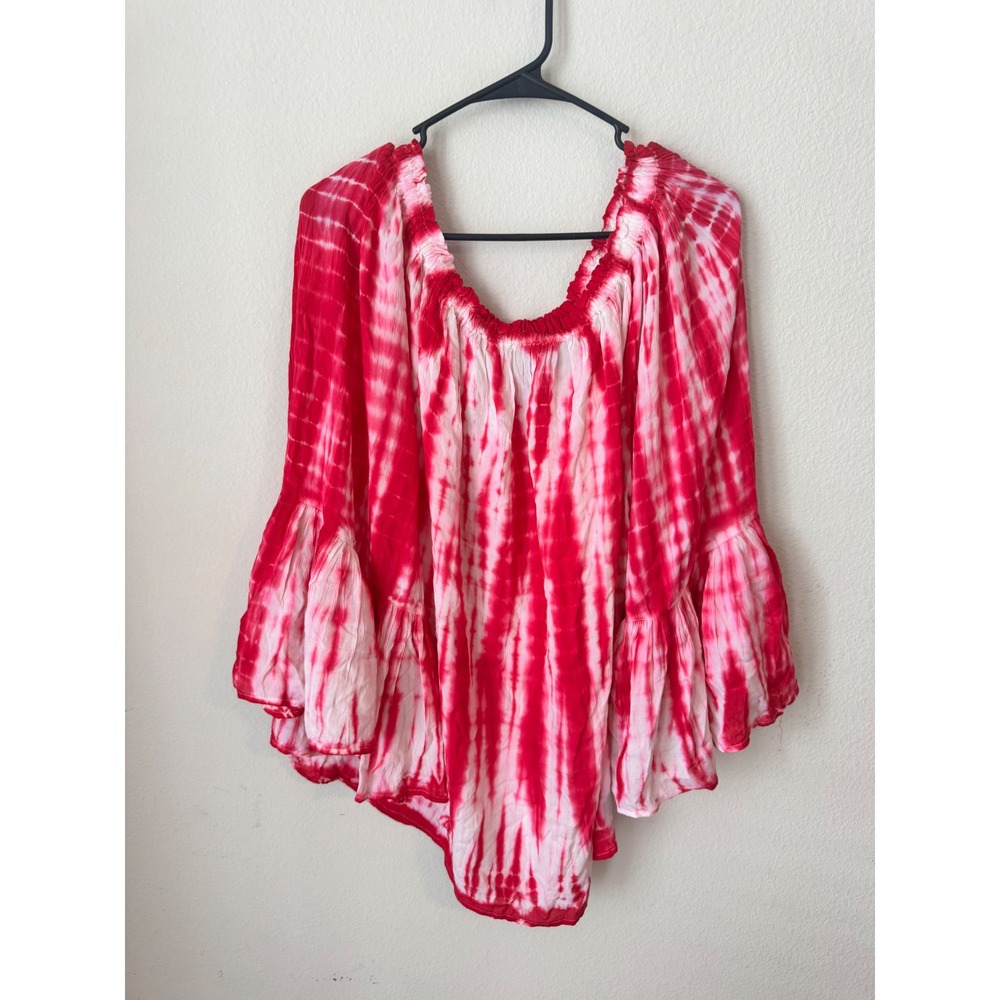 Cassie's Pink White Tie Dye Boho Bell Sleeve Off‎ Shoulder Blouse Top 3X Rayon
